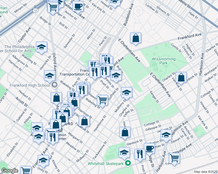 map of restaurants, bars, coffee shops, grocery stores, and more near 1645 Pratt Street in Philadelphia