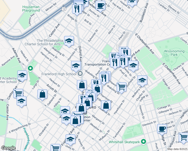 map of restaurants, bars, coffee shops, grocery stores, and more near 5000 Penn Street in Philadelphia