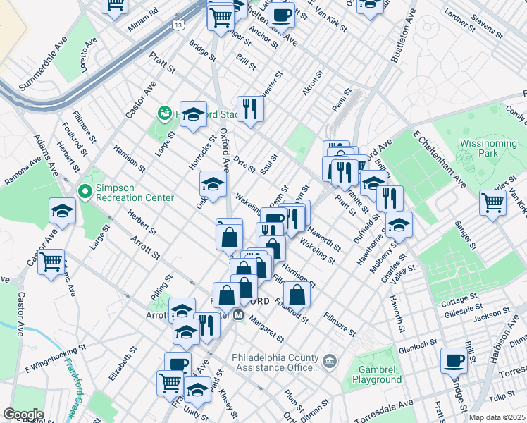 map of restaurants, bars, coffee shops, grocery stores, and more near 1337 Wakeling Street in Philadelphia