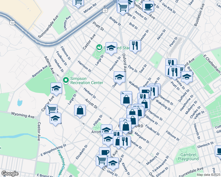 map of restaurants, bars, coffee shops, grocery stores, and more near 1240 Harrison Street in Philadelphia