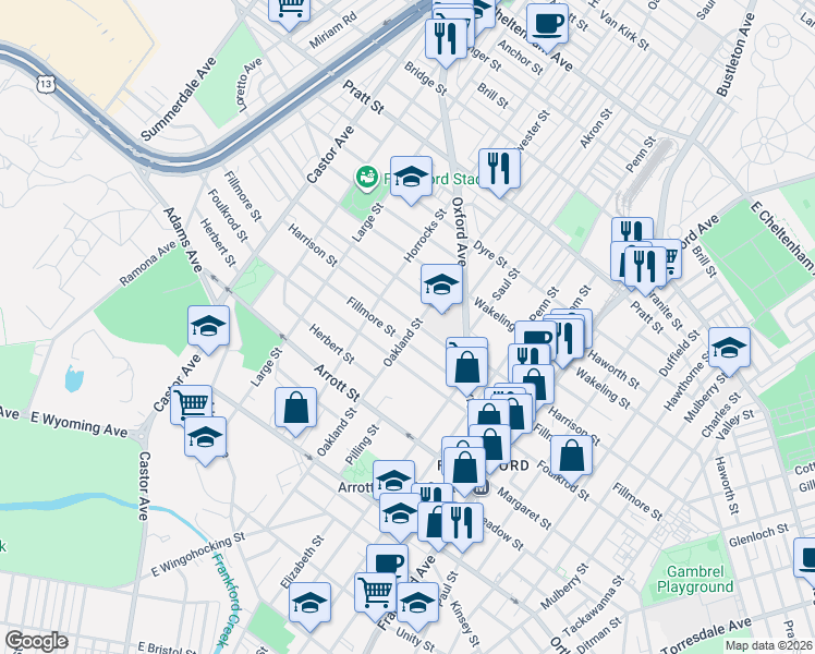 map of restaurants, bars, coffee shops, grocery stores, and more near 1230 Harrison Street in Philadelphia