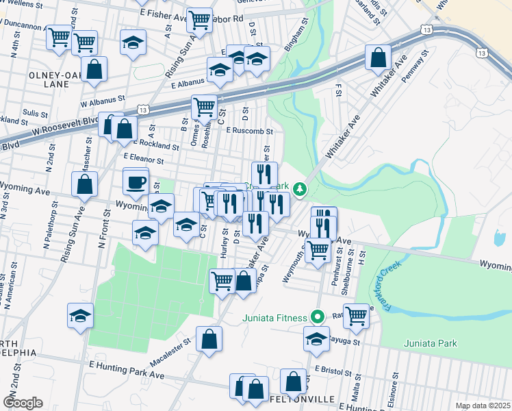 map of restaurants, bars, coffee shops, grocery stores, and more near 4736 Bingham Street in Philadelphia