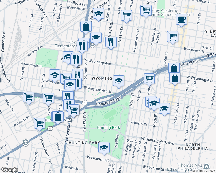 map of restaurants, bars, coffee shops, grocery stores, and more near 4522 North Marvine Street in Philadelphia