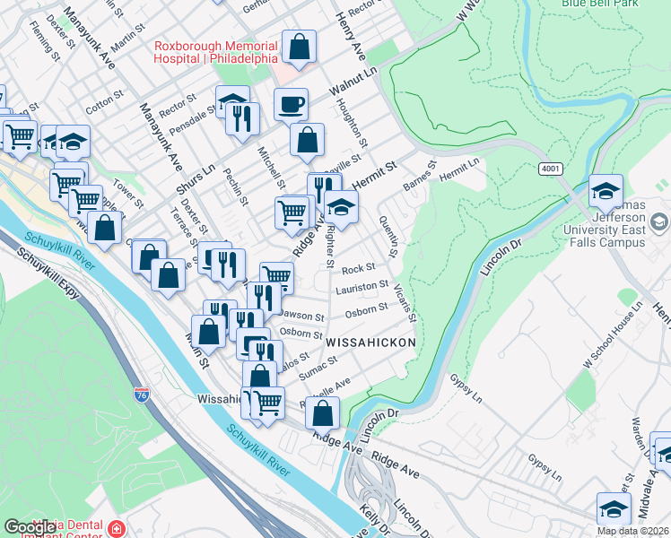 map of restaurants, bars, coffee shops, grocery stores, and more near 203 Rock Street in Philadelphia