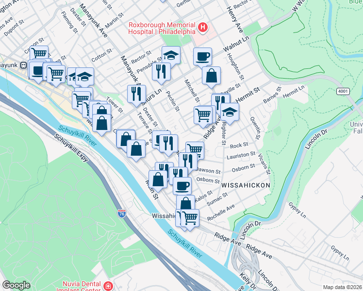 map of restaurants, bars, coffee shops, grocery stores, and more near 3869 Manayunk Avenue in Philadelphia