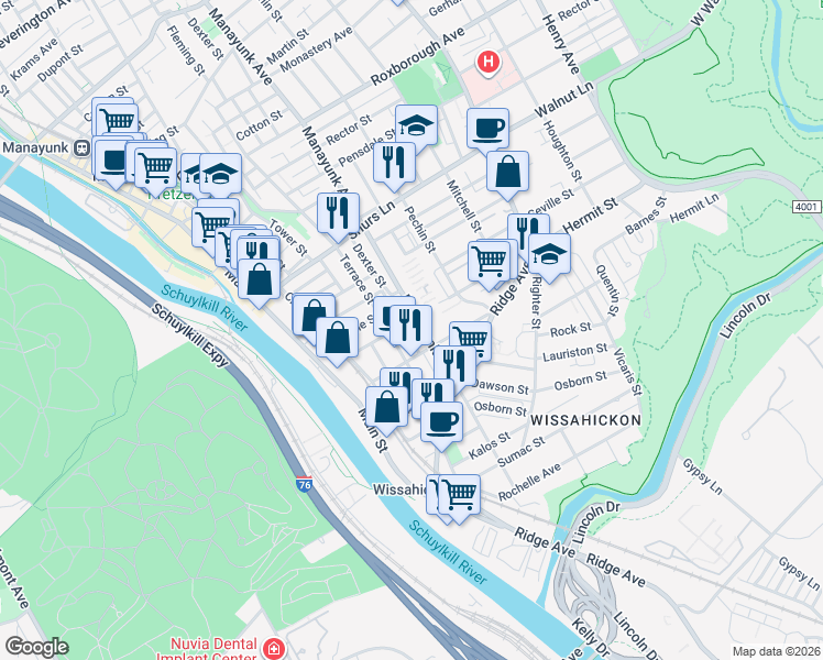 map of restaurants, bars, coffee shops, grocery stores, and more near Terrace Street in Philadelphia