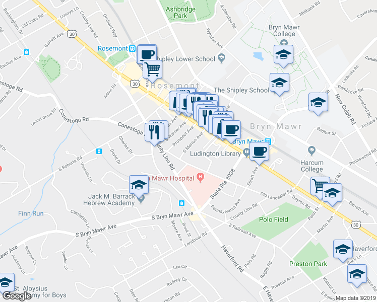 map of restaurants, bars, coffee shops, grocery stores, and more near 45 South Merion Avenue in Bryn Mawr