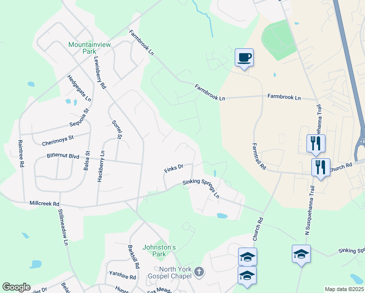 map of restaurants, bars, coffee shops, grocery stores, and more near 3210 Lehr Drive in York