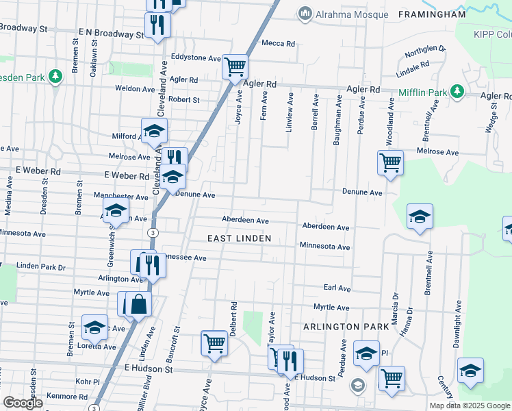 map of restaurants, bars, coffee shops, grocery stores, and more near 1947 Denune Avenue in Columbus