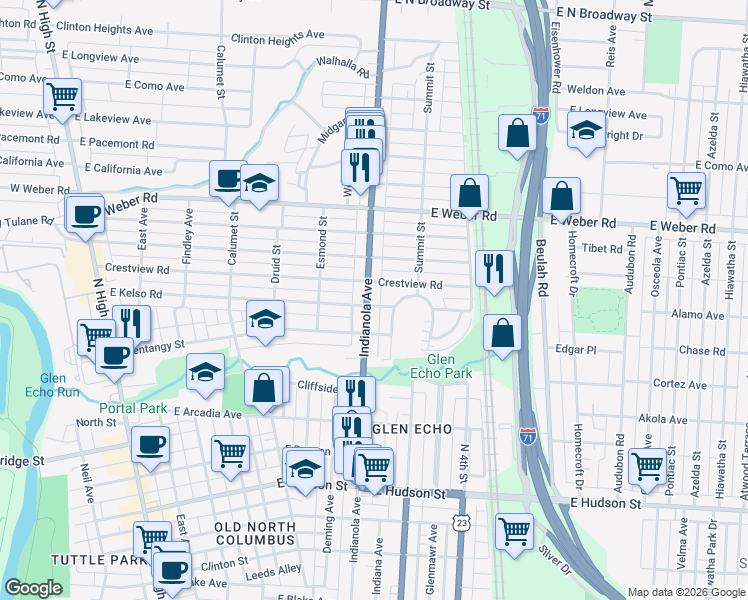 map of restaurants, bars, coffee shops, grocery stores, and more near 430 East Kelso Road in Columbus