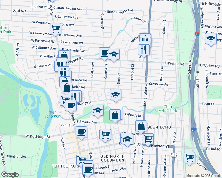 map of restaurants, bars, coffee shops, grocery stores, and more near in Columbus
