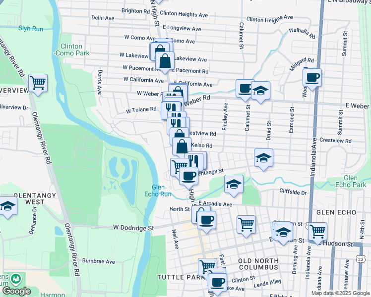 map of restaurants, bars, coffee shops, grocery stores, and more near in Columbus
