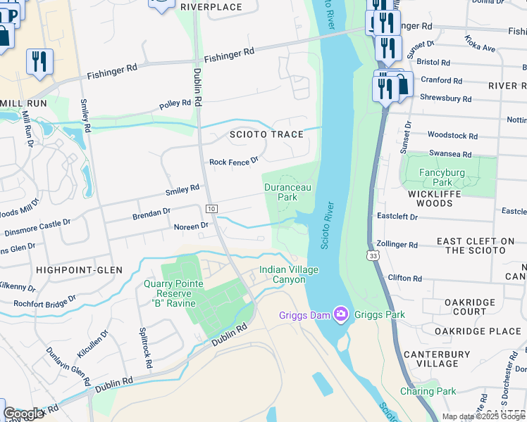 map of restaurants, bars, coffee shops, grocery stores, and more near 3085 Griggsview Court in Columbus