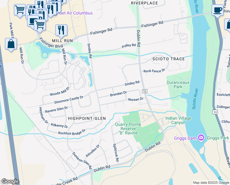 map of restaurants, bars, coffee shops, grocery stores, and more near 3314 Marla Drive in Columbus