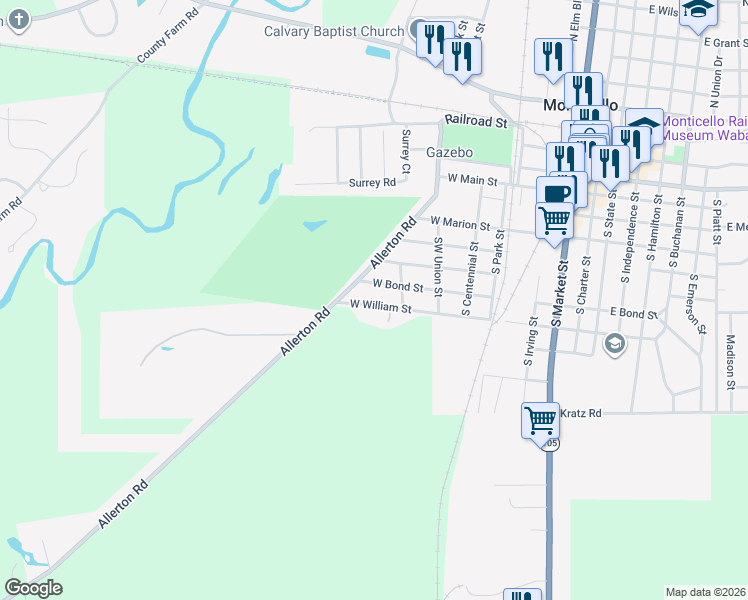 map of restaurants, bars, coffee shops, grocery stores, and more near 808 West William Street in Monticello
