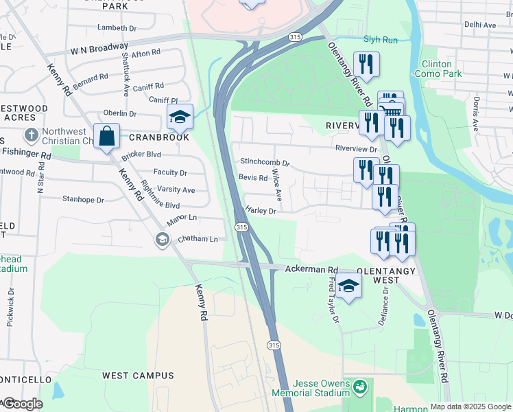 map of restaurants, bars, coffee shops, grocery stores, and more near 760 Harley Drive in Columbus