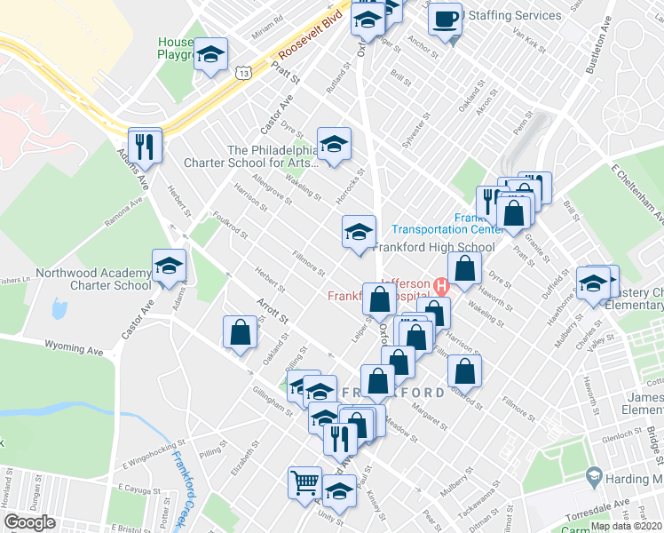 map of restaurants, bars, coffee shops, grocery stores, and more near 1240 Harrison Street in Philadelphia