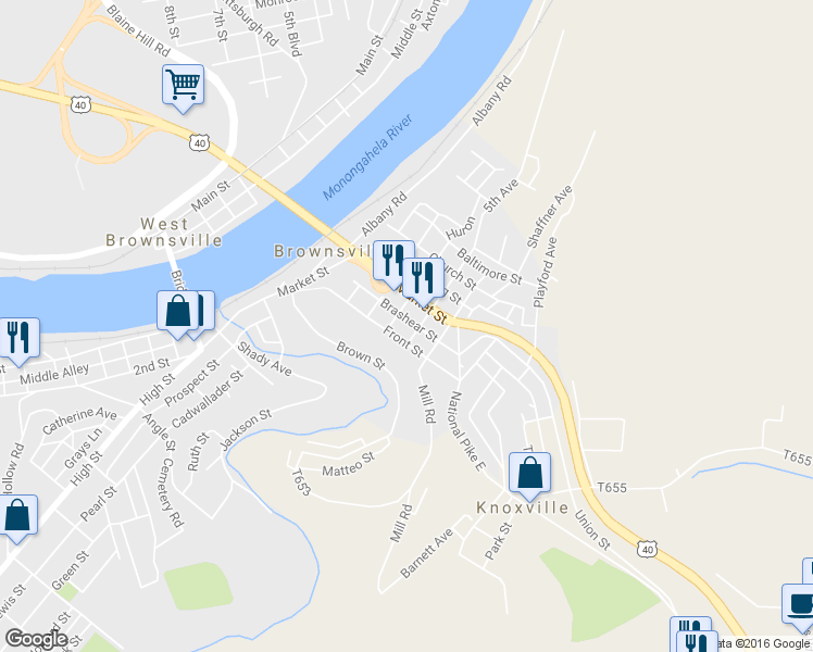 map of restaurants, bars, coffee shops, grocery stores, and more near 412 Brashear St in Brownsville