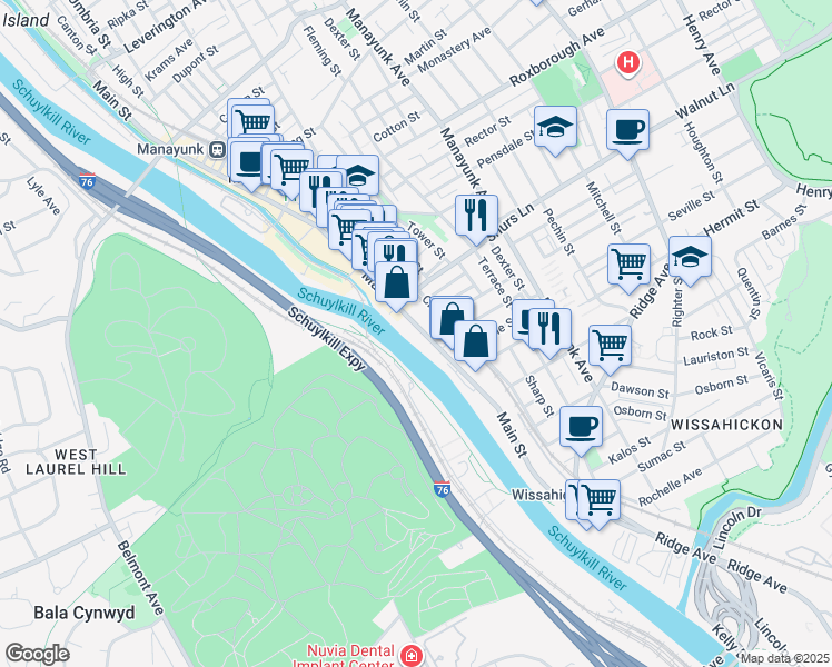 map of restaurants, bars, coffee shops, grocery stores, and more near 4030 Main Street in Philadelphia