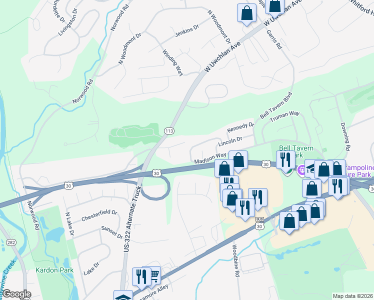 map of restaurants, bars, coffee shops, grocery stores, and more near 119 Madison Way in Downingtown