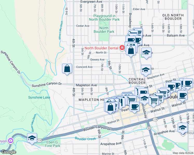 map of restaurants, bars, coffee shops, grocery stores, and more near 624 Maxwell Avenue in Boulder