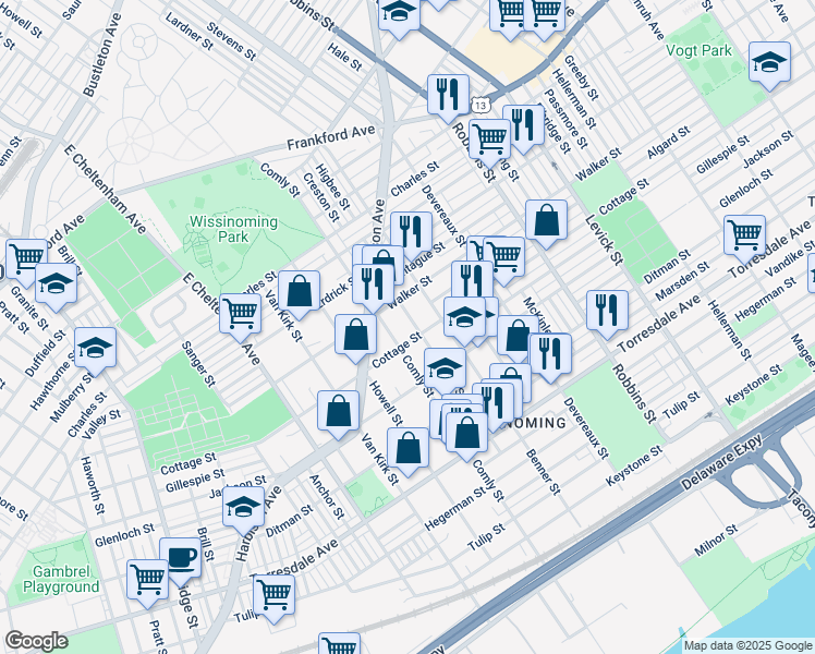map of restaurants, bars, coffee shops, grocery stores, and more near 4322 Higbee Street in Philadelphia
