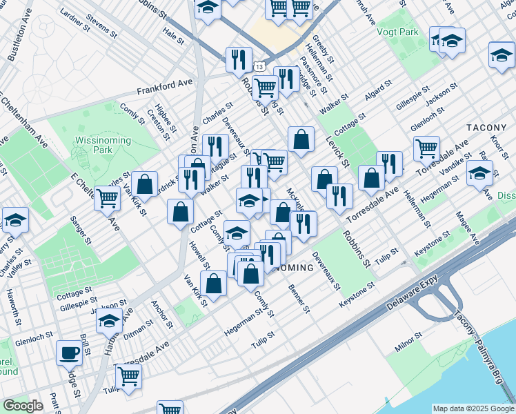map of restaurants, bars, coffee shops, grocery stores, and more near 6133 Gillespie Street in Philadelphia