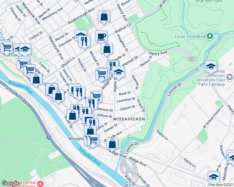 map of restaurants, bars, coffee shops, grocery stores, and more near 425 Righter Street in Philadelphia