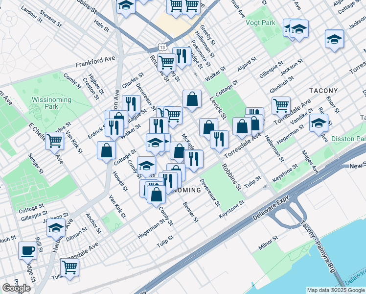 map of restaurants, bars, coffee shops, grocery stores, and more near 4509 Devereaux Street in Philadelphia