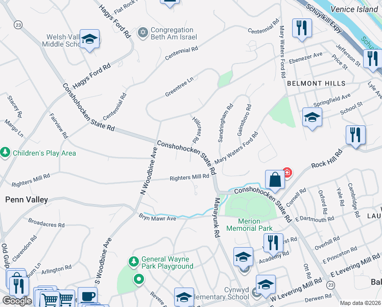 map of restaurants, bars, coffee shops, grocery stores, and more near 728 Pennsylvania 23 in Narberth