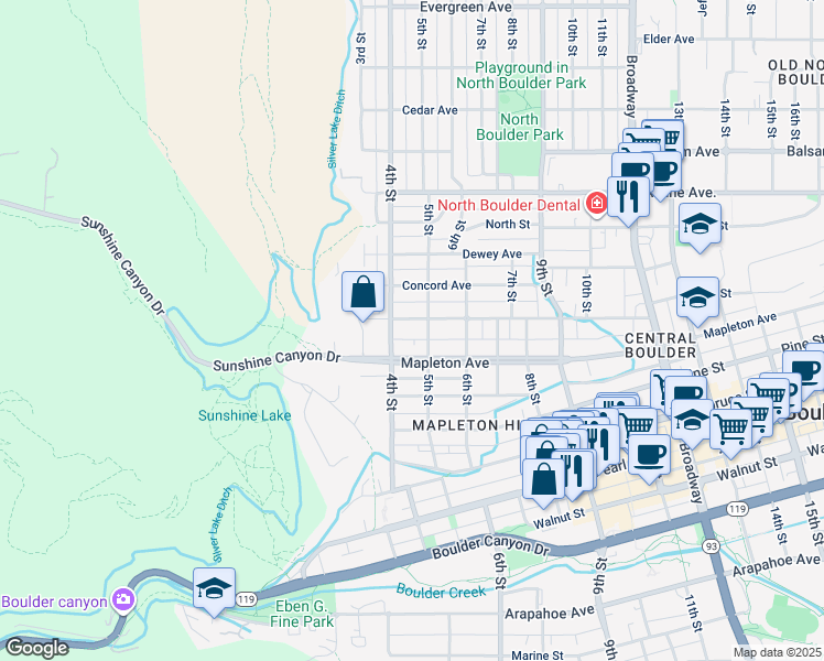 map of restaurants, bars, coffee shops, grocery stores, and more near 430 Maxwell Avenue in Boulder