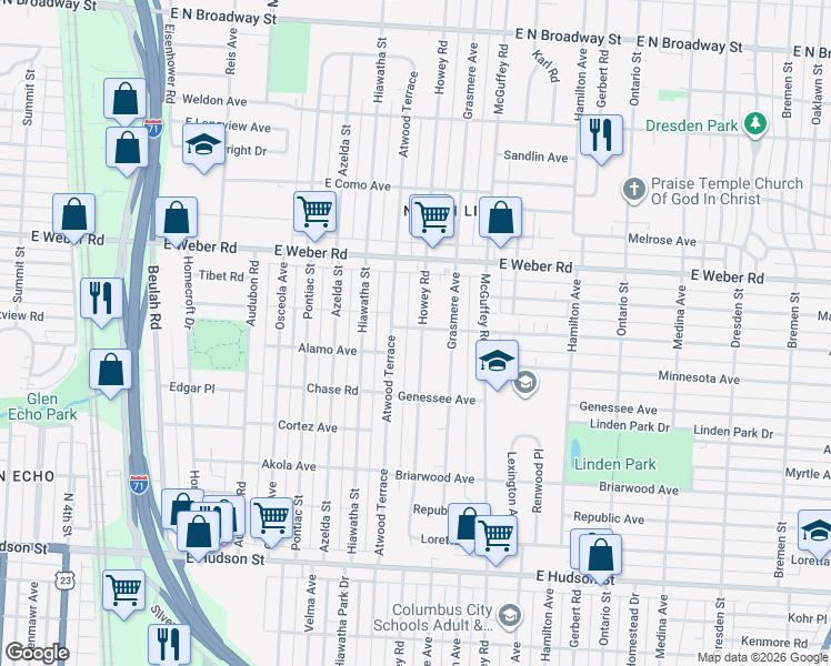 map of restaurants, bars, coffee shops, grocery stores, and more near 2739 Howey Road in Columbus