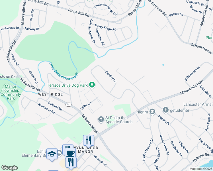 map of restaurants, bars, coffee shops, grocery stores, and more near 103 Bentley Lane in Lancaster