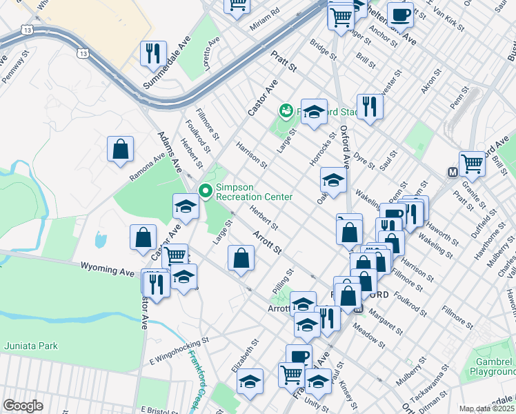 map of restaurants, bars, coffee shops, grocery stores, and more near 1119 Herbert St in Philadelphia