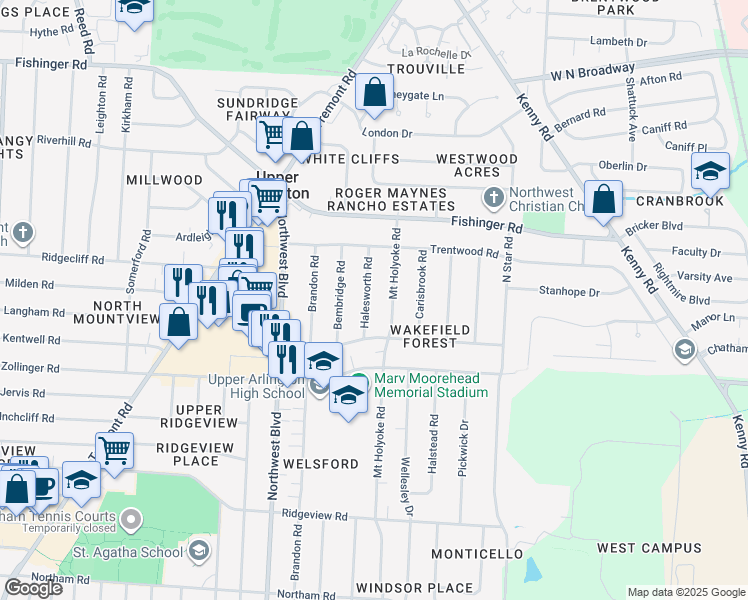 map of restaurants, bars, coffee shops, grocery stores, and more near 3118 Halesworth Road in Columbus