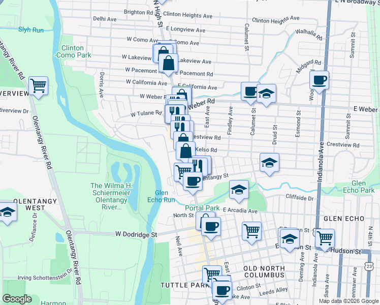 map of restaurants, bars, coffee shops, grocery stores, and more near 2910 North High Street in Columbus
