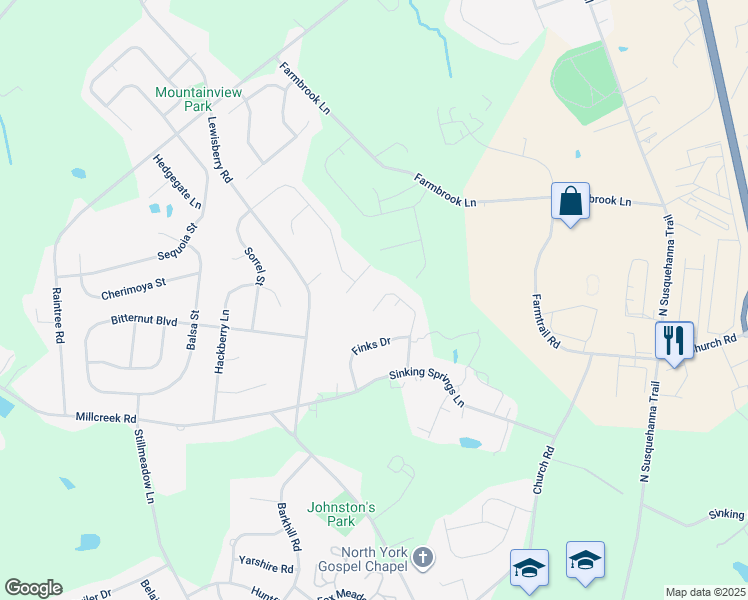 map of restaurants, bars, coffee shops, grocery stores, and more near 3215 Lehr Drive in York