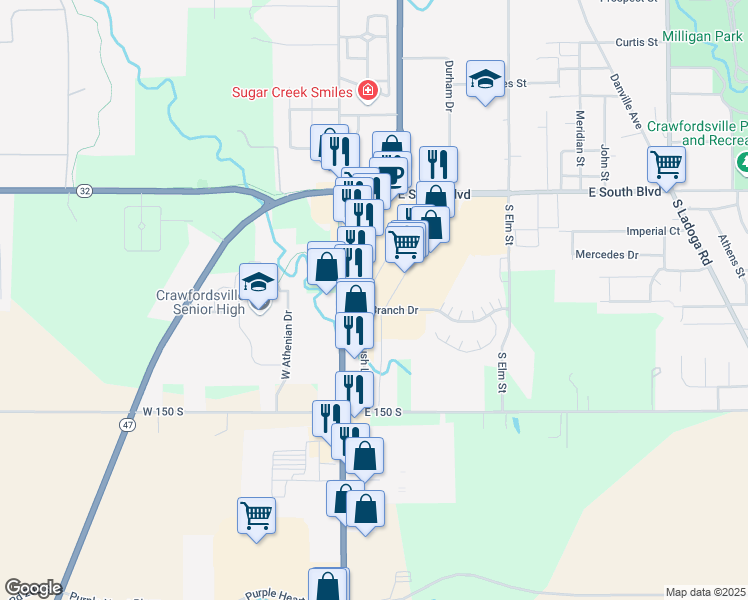 map of restaurants, bars, coffee shops, grocery stores, and more near 1660 Crawfordsville Square Drive in Crawfordsville