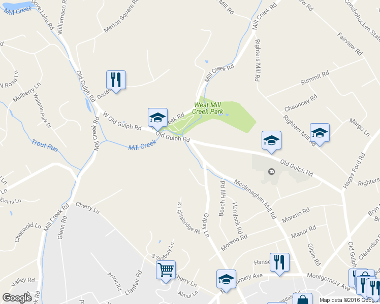 map of restaurants, bars, coffee shops, grocery stores, and more near 100 McClenaghan Mill Road in Wynnewood