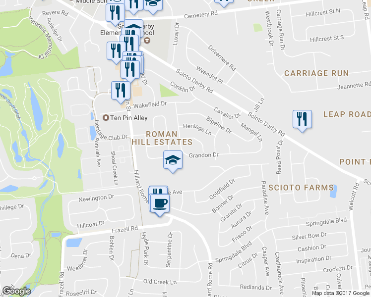 map of restaurants, bars, coffee shops, grocery stores, and more near 3404 Kroehler Drive in Hilliard