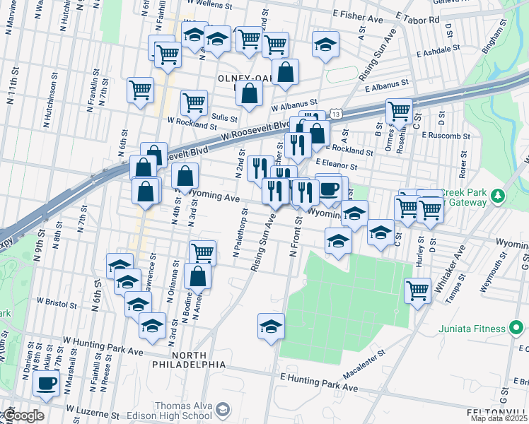 map of restaurants, bars, coffee shops, grocery stores, and more near 4657 Rising Sun Avenue in Philadelphia