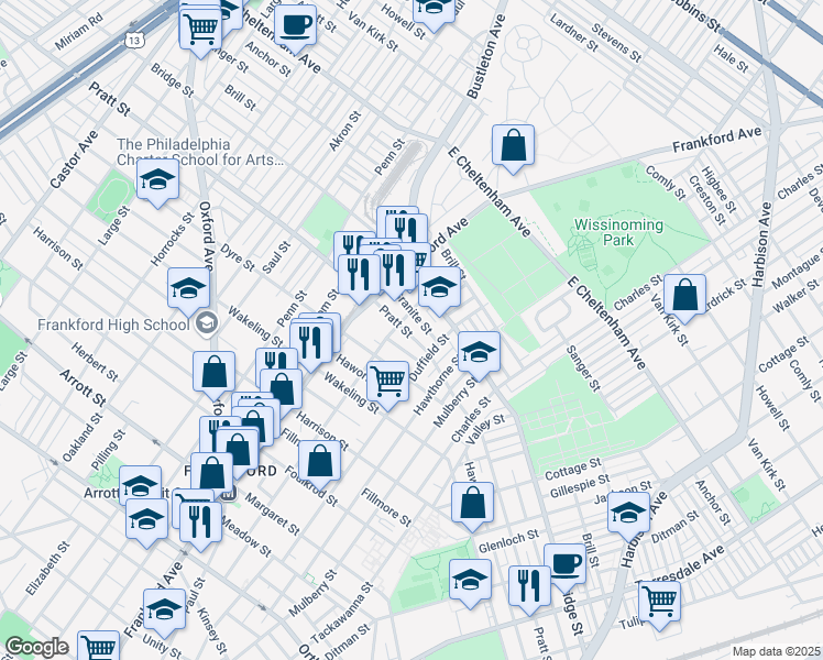 map of restaurants, bars, coffee shops, grocery stores, and more near 1645 Pratt Street in Philadelphia