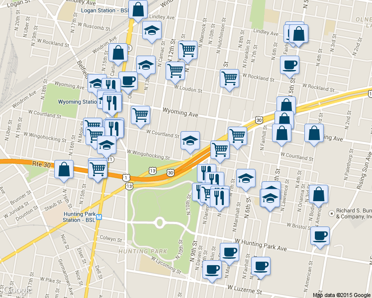 map of restaurants, bars, coffee shops, grocery stores, and more near 4535 North Warnock Street in Philadelphia