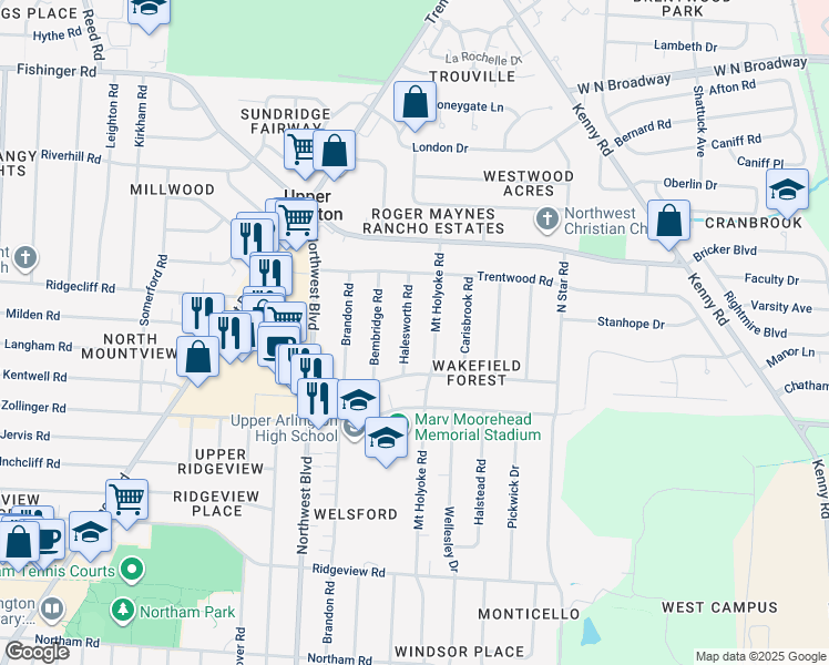 map of restaurants, bars, coffee shops, grocery stores, and more near 3118 Halesworth Rd in Columbus