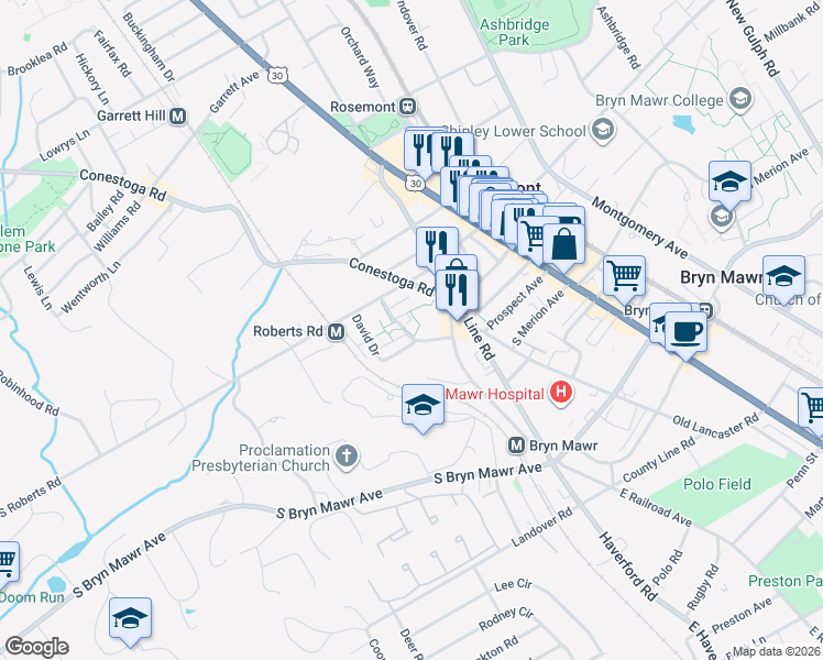 map of restaurants, bars, coffee shops, grocery stores, and more near 104 Charles Drive in Bryn Mawr