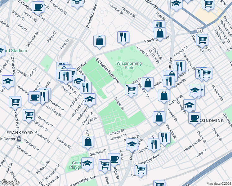 map of restaurants, bars, coffee shops, grocery stores, and more near 5412 Charles Street in Philadelphia