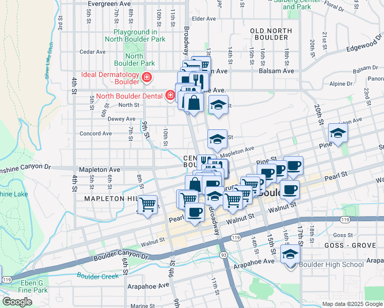 map of restaurants, bars, coffee shops, grocery stores, and more near 1134 Maxwell Avenue in Boulder