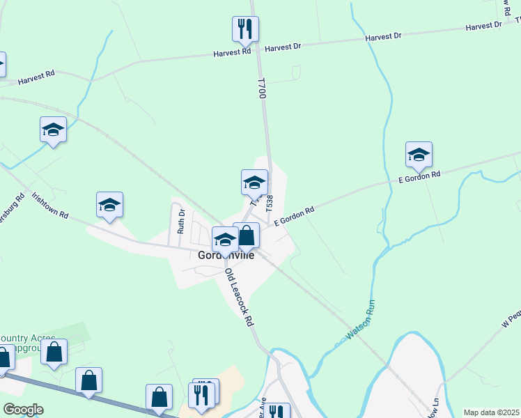map of restaurants, bars, coffee shops, grocery stores, and more near 178 Maple Street in Gordonville