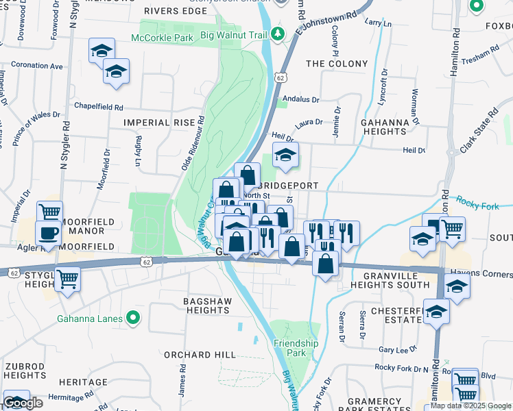 map of restaurants, bars, coffee shops, grocery stores, and more near 145 North High Street in Columbus