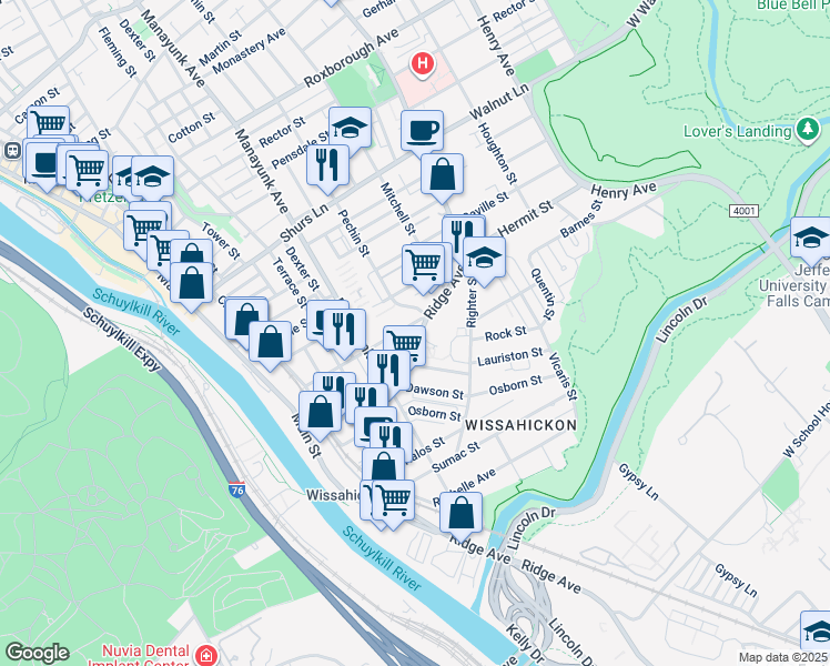 map of restaurants, bars, coffee shops, grocery stores, and more near 5332 Ridge Avenue in Philadelphia